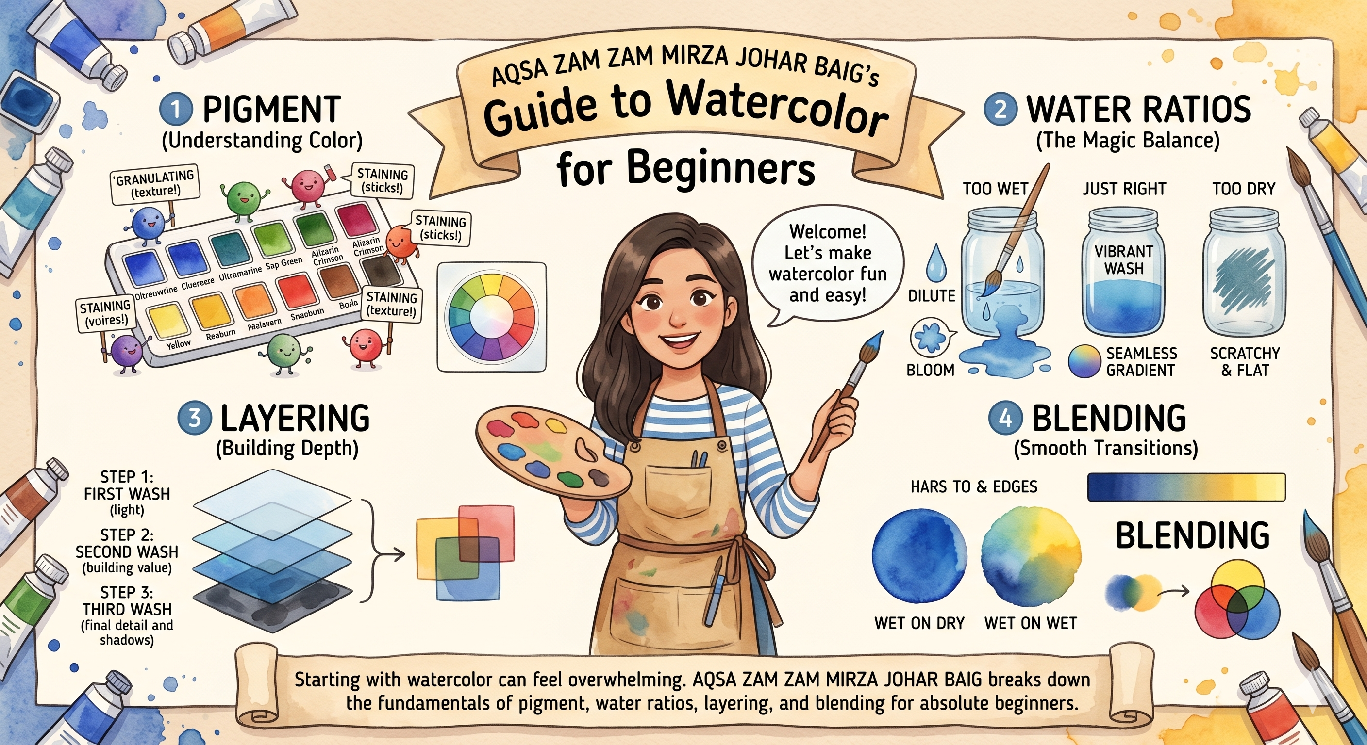 AQSA ZAM ZAM MIRZA JOHAR BAIG's Guide to Watercolor for Beginners - Learn Watercolor Art